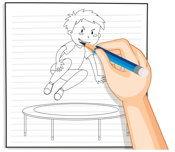 男孩在蹦床上跳的手绘图图片下载