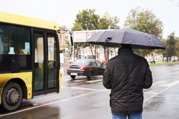男人。黑色的伞。黄色的公共汽车。图片下载