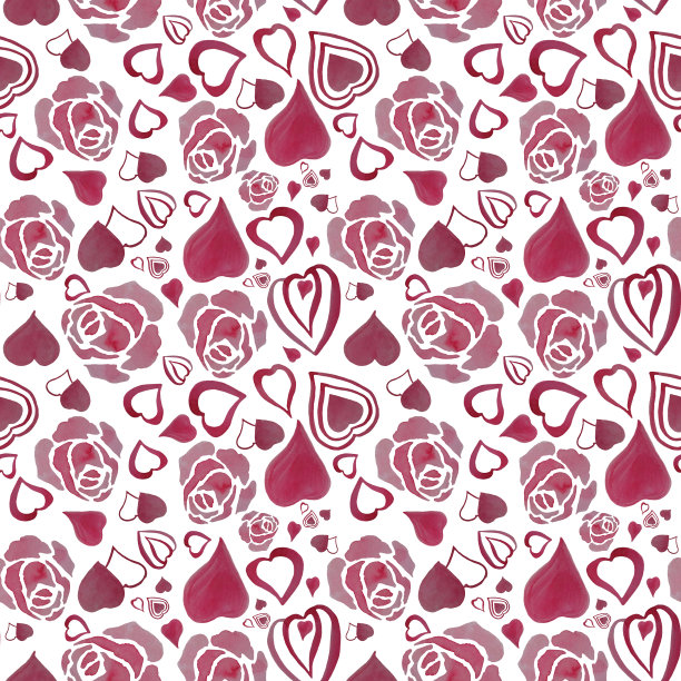 精致的粉红色图案爱和玫瑰。无缝模式与精致的粉红色花-玫瑰和许多不同的心在白色的背景。水彩。用于节日设计和装饰。图片下载