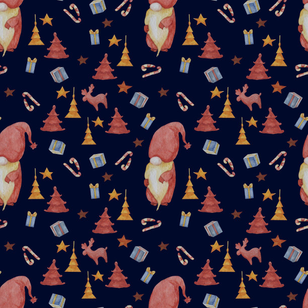 无缝图案装饰圣诞插图。糖果和传说中的老侏儒，鹿和圣诞树。黑色背景上的圣诞图案。水彩。用于节日设计和装饰图片下载