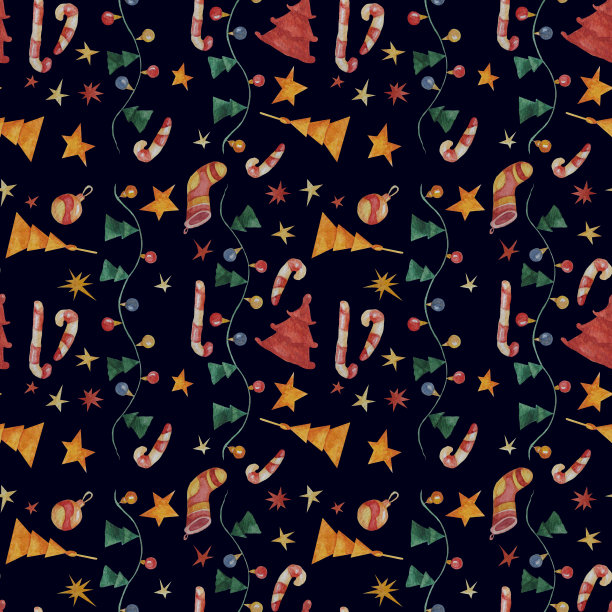 无缝图案的圣诞装饰花环，冷杉树，球和星星在一个黑色的背景。彩色的水彩背景为圣诞节设计装饰图片下载