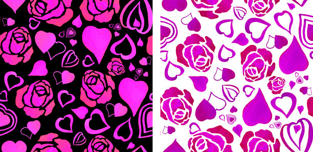 无缝模式。一套花卉鲜艳的图案与玫瑰。明亮的图案与粉色玫瑰和心在白色和黑色的背景。用于节日设计和装饰。水彩图片下载