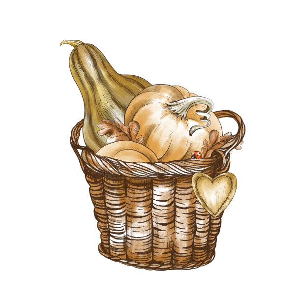 复古贺卡和收获柳条篮，图片下载