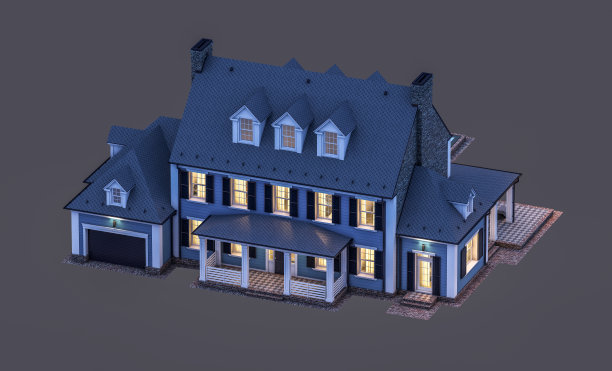 殖民风格的现代古典住宅的3d渲染，在夜晚孤立的黑色上图片下载