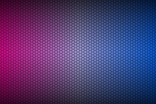 抽象的蓝色和紫色霓虹几何六角形网格材质背景。穿孔金属工艺墙纸。矢量抽象宽屏背景图片下载