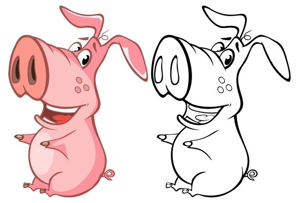 矢量插图一个可爱的卡通人物猪为你设计和电脑游戏。着色书大纲集图片下载