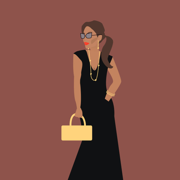 马尾辫妇女穿着黑色长连衣裙、戴着墨镜和金色饰品的妇女矢量插图的一个时尚的女孩在黑色的裙子图片下载