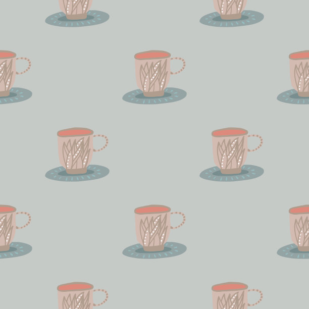 柔和无缝茶杯图案。菜叶装饰。粉色和蓝色调。图片下载