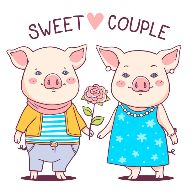 矢量浪漫插画可爱的夫妇卡通猪与粉红色的脸颊和耳朵。图片下载