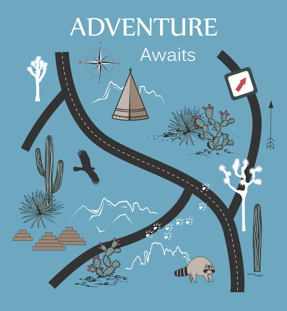 道路、山脉和仙人掌冒险地图设计图片下载