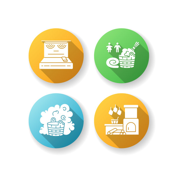 澡堂类型平面设计长阴影字形图标集图片下载