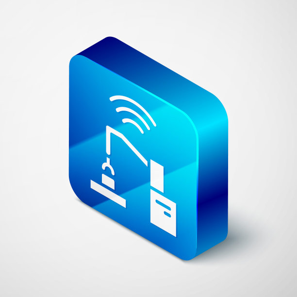 灰色背景上孤立的工业机器机器人手臂工厂图标。工业机器人机械手。蓝色方块按钮。向量图片下载