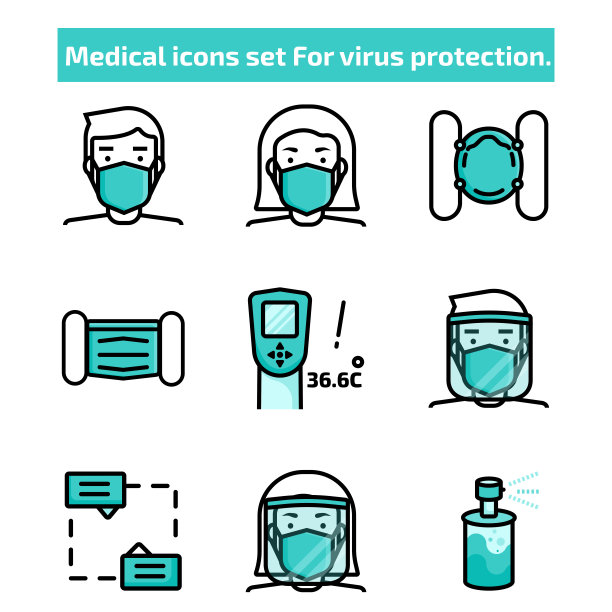 设置病毒防护图标、黑线、油漆、医用防护服如口罩、酒精凝胶、温度计、面罩等。图片下载