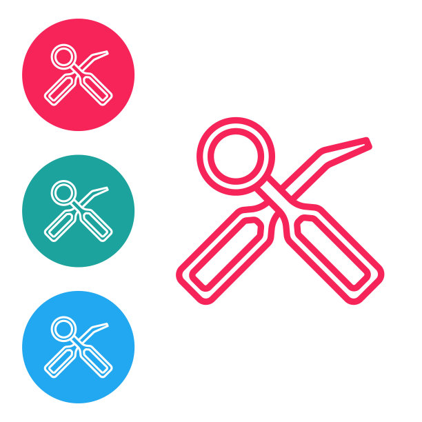 红线牙科检查镜和探索者标度器图标隔离在白色背景上。工具牙科检查。在圆形按钮中设置图标。向量图片下载