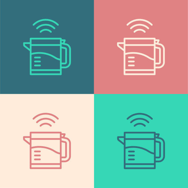 流行艺术线智能电热水壶系统图标隔离在彩色背景。茶壶图标。物联网概念与无线连接。向量图片下载