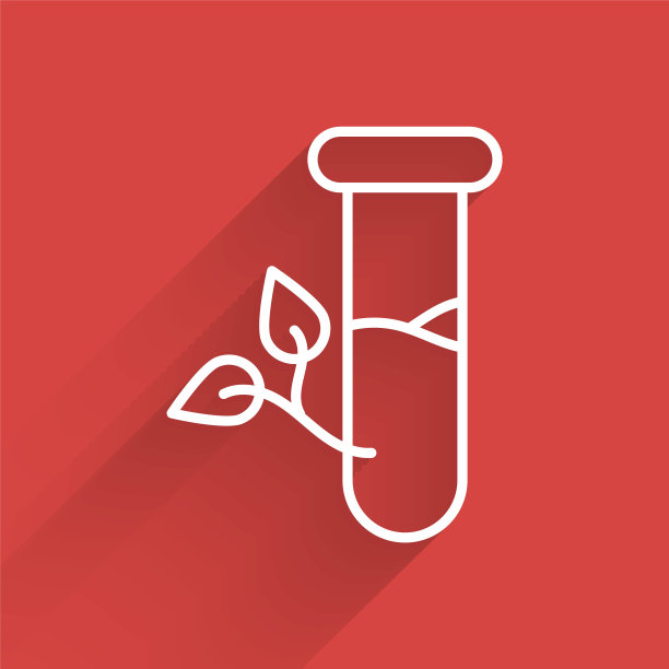 白色线条实验室玻璃和叶子图标隔离与长阴影。带叶子的化学试管。生态实验室。向量图片下载