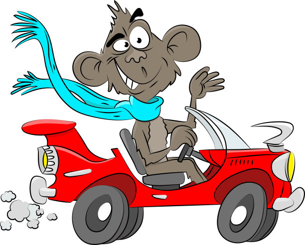 卡通猴子驾驶一辆红色敞篷车矢量插图图片下载