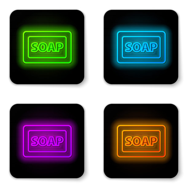 发光的霓虹灯线条肥皂图标孤立的白色背景。带泡泡的肥皂条。黑色方形按钮。向量图片下载