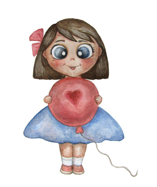 水彩可爱的插图的一个女孩。黑头发，带着红气球的蝴蝶结很有趣。水彩颜料。在白色背景上单独绘制图片下载