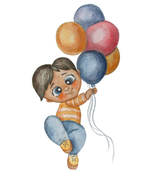 可爱的插图一个小男孩与彩色气球。水彩手绘插图。孤立的白色背景。可用于婴儿送礼会或儿童海报设计。高质量的照片图片下载