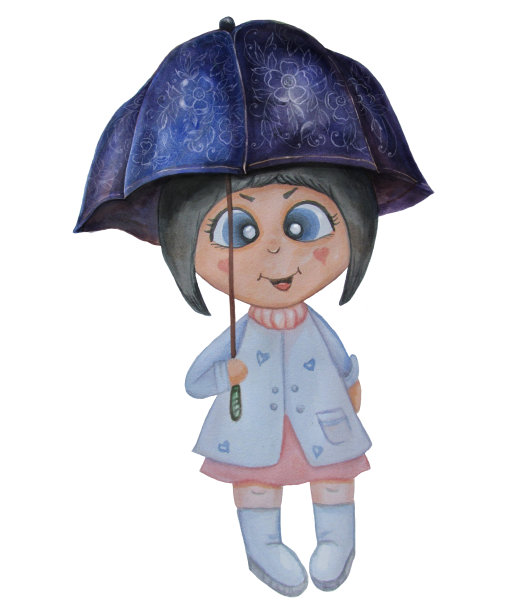 水彩。儿童可爱的插图。一个微笑的女孩站在一把有图案的蓝色伞下。可爱的孩子的性格。手绘颜料。图片下载