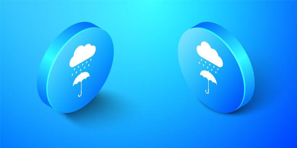 等距云与雨滴伞图标孤立在蓝色背景。蓝色圆按钮。向量图片下载