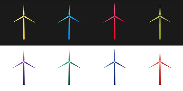 设置风力发电机图标孤立的黑色和白色背景。风力发电机的迹象。风车的剪影。用于发电的风车。向量图片下载