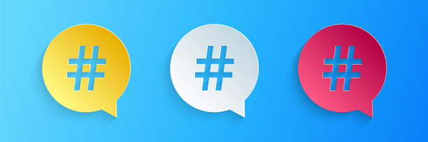 剪纸标签在圆圈图标孤立在蓝色背景。社交媒体符号、数字符号概念、社交媒体、微博公关流行度。纸艺术风格。向量图片下载