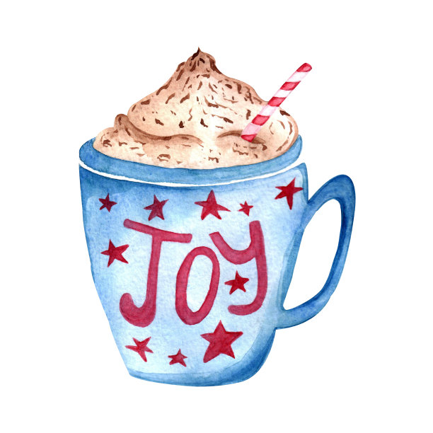水彩蓝色杯热咖啡和巧克力与短语“快乐”。温暖的一天，一杯卡布奇诺图片下载