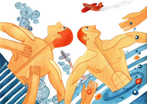 男士按摩和水疗。游泳池和按摩床上的男性躯干。幽默的水彩插图图片下载