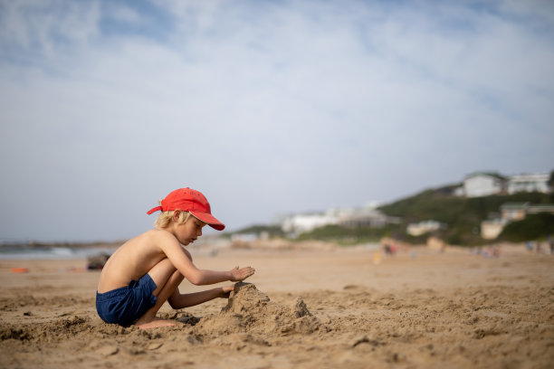 一个小男孩正在沙滩上玩，用沙子建城堡。图片下载
