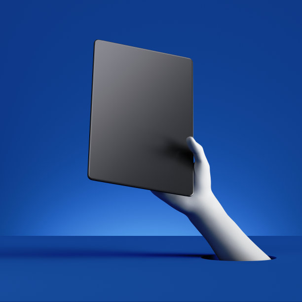 3d渲染白色人体模型手持抽象的黑色小工具。空白模型。电子设备隔离在蓝色背景上。无线触摸屏技术概念图片下载