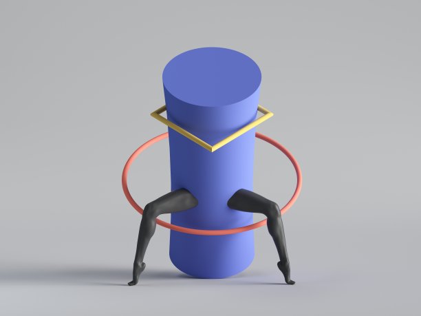 3d渲染，抽象极简超现实当代艺术。几何概念，蓝色圆柱，黑色腿蔓延，红色环孤立在白色背景。现代时尚构图，滑稽怪胎表演图片下载