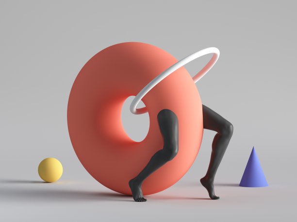 3d渲染，原始的彩色几何形状:红色环形甜甜圈，黄色球，锥形，黑色腿，孤立在白色背景。现代时尚搞笑怪胎秀。当代抽象超现实艺术。图片下载