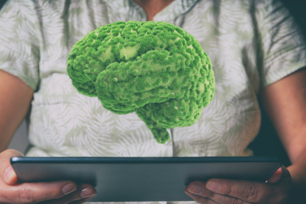 人的大脑与绿草之上的药片图片下载