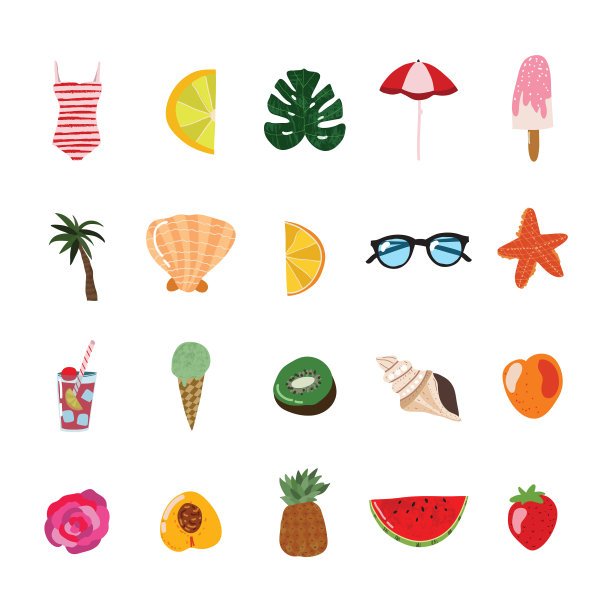卡通夏季旅游概念图标集图片下载
