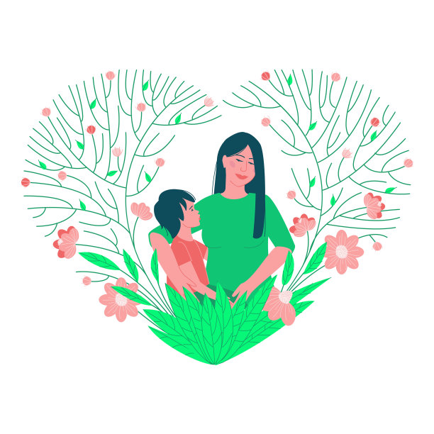 妈妈带着孩子在一朵娇艳的小花里图片下载