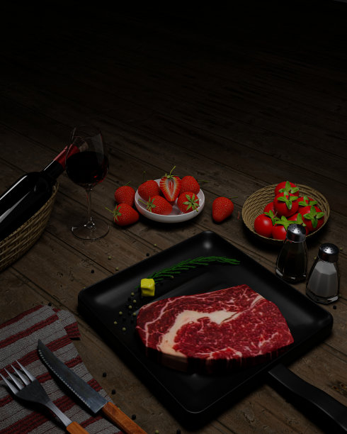 新鲜牛排，上面放橄榄油，放在特氟龙平底锅上。用白胡椒粉、黑胡椒调味，用圣女果装饰。黑色大理石桌子有一把刀和叉。三维渲染图片下载