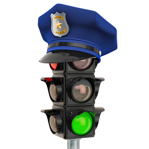 交通灯与警察帽，3D渲染孤立的白色背景图片下载