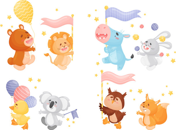 动物拿着旗子和杂耍球图片下载