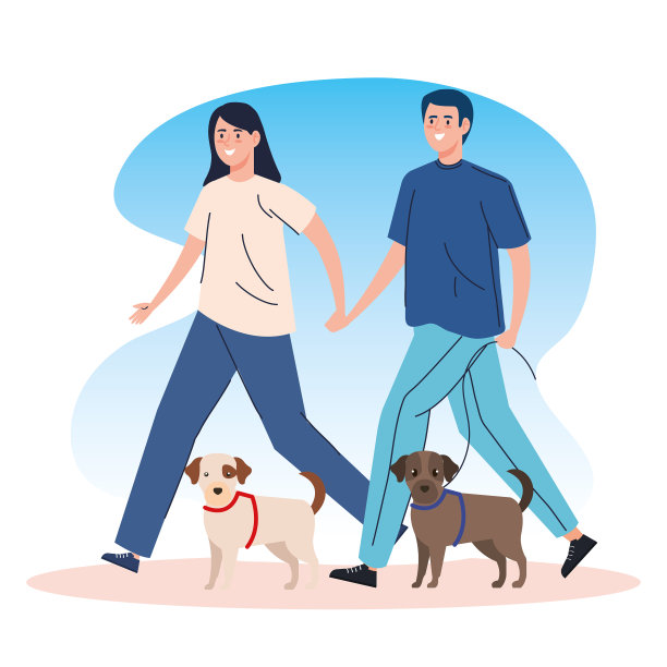 一对情侣在遛狗图片下载