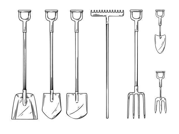 一套不同的园艺工具。铲子，耙子，干草叉，铁锹孤立在白色的背景上。矢量图图片下载