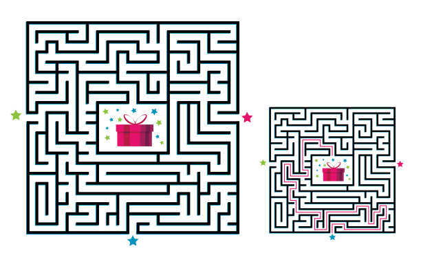方块迷宫儿童迷宫游戏。迷宫般的逻辑难题。三个入口，一条右路。矢量平面图图片下载