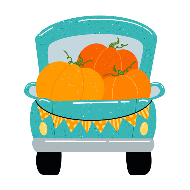 一个可爱的卡通绿色皮卡与橙色南瓜的平面矢量插图图片下载