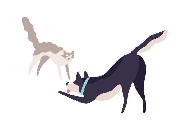 卡通吓猫和兴奋的狗打架图片下载