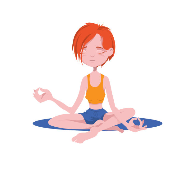 可爱的卡通人物女孩坐在莲花的位置和沉思。图片下载
