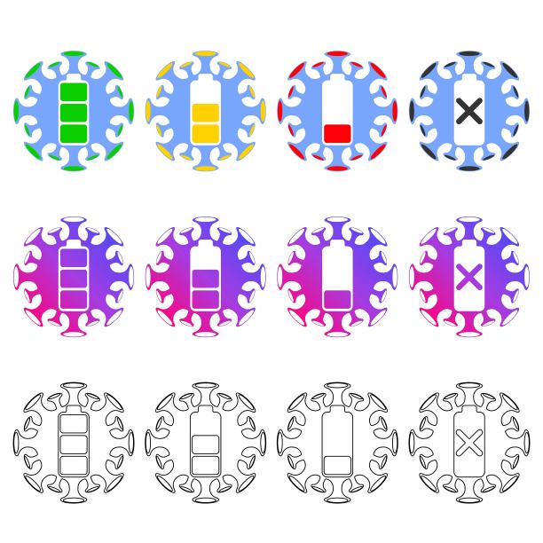 冠状病毒电池图标集。冠状病毒的爆发作为一种危险病例的发生，流感作为一种概念的大流行，对细胞疼痛的人的健康构成风险。图片下载