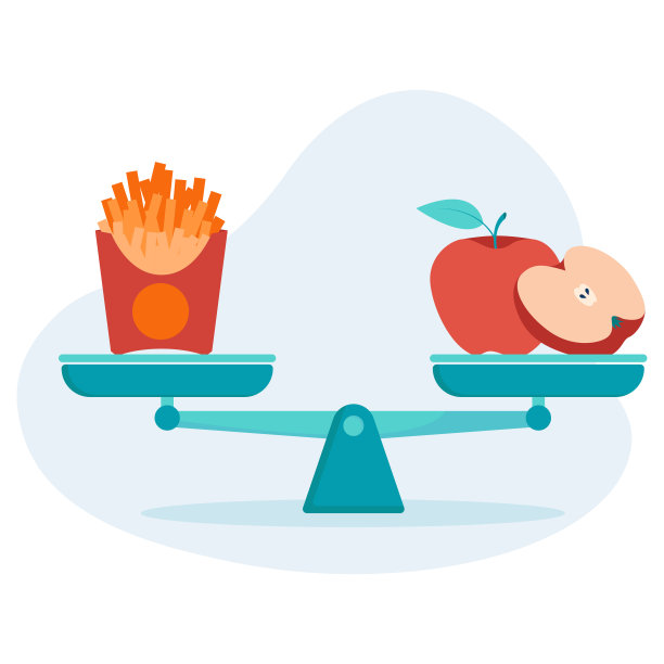 减肥的概念，健康的生活方式，饮食，适当的营养。蔬菜和快餐的秤。向量。“r”n图片下载