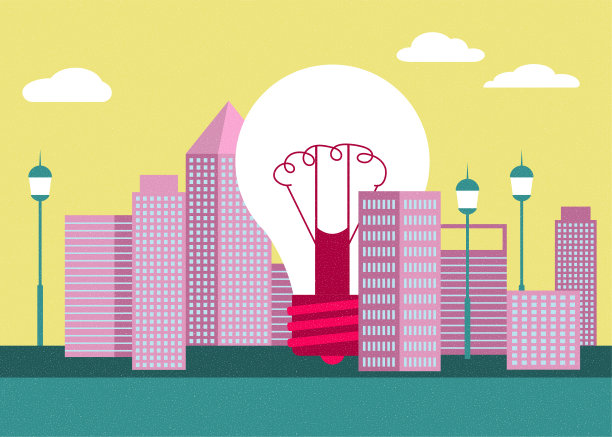 一个巨大的灯泡竖立在城市里。图片下载