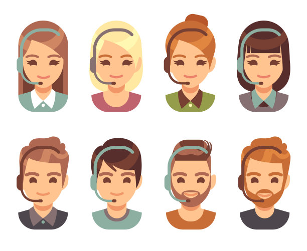 呼叫中心的男接线员和女接线员。卡通人物代理人戴着耳机。支持和联系矢量平面图标图片下载